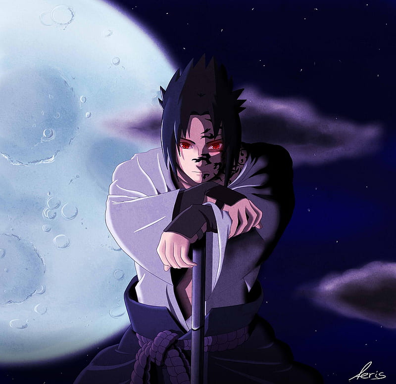 Uchiha Sasuke, shinobi, sasuke, clouds, naruto shippuden, weapons, moon, spiky hair, sasuke uchiha, anime, shippuden, sword, red eyes, night, ninja, HD wallpaper