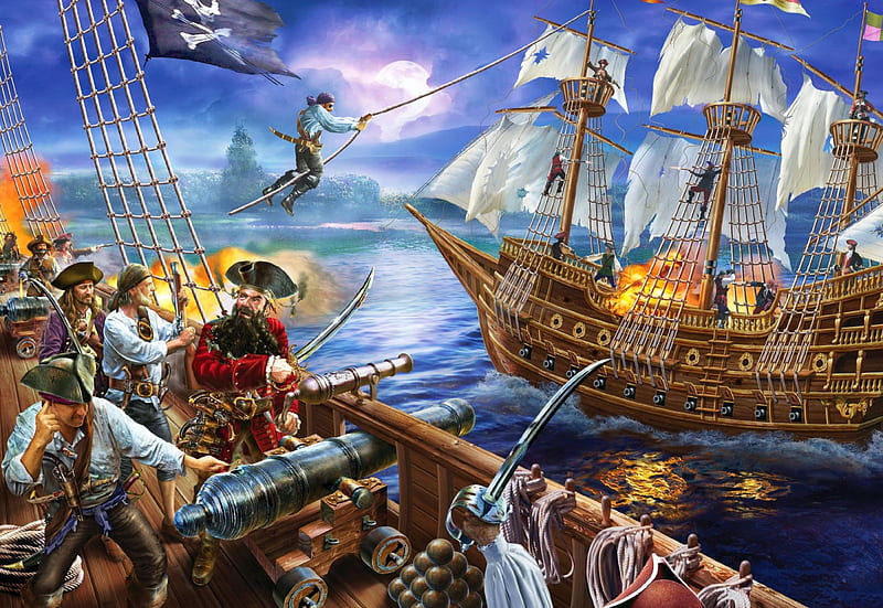 Blackbeard's Galleon, entering, pirates, ancient, ship, painting, canons, artwork, HD wallpaper