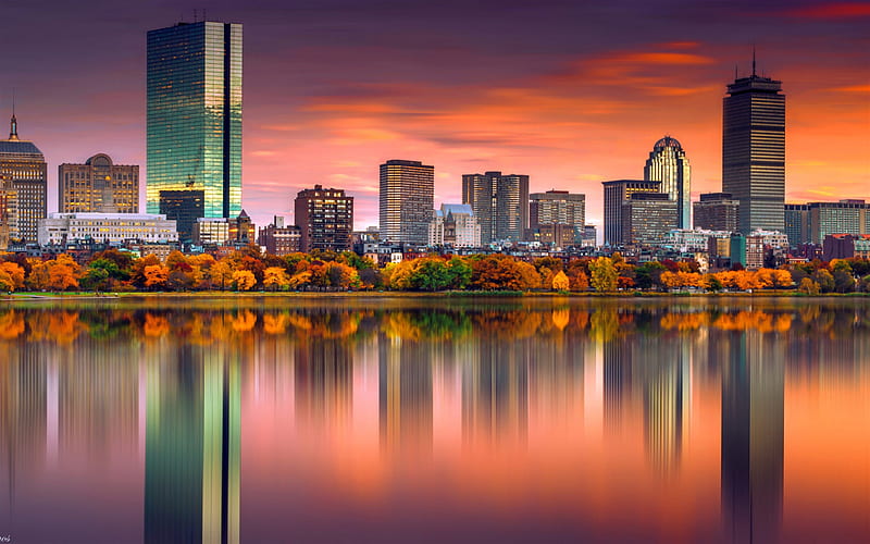 Boston, evening, autumn, sunset, Boston cityscape, Boston skyline, panorama, skyscrapers, USA, HD wallpaper