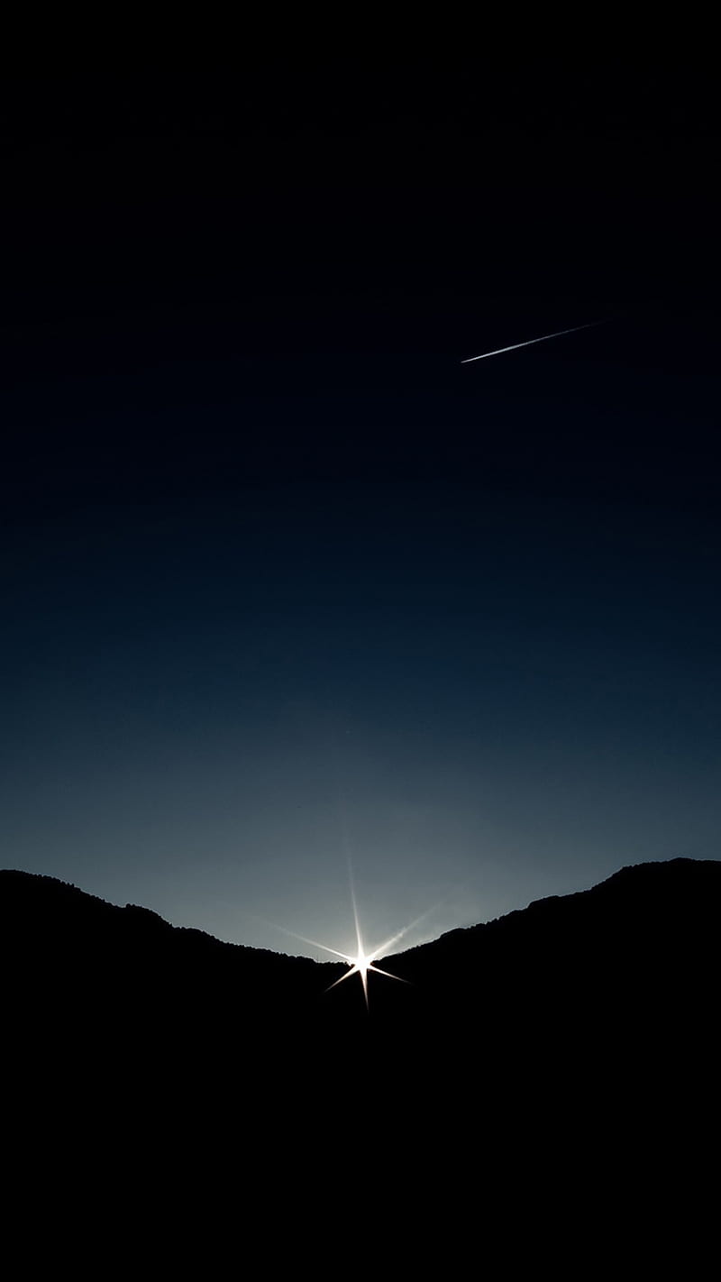 Sunset Landscape, mountains, star, lightning, black and blue, moon, sun, sunrise, HD phone wallpaper