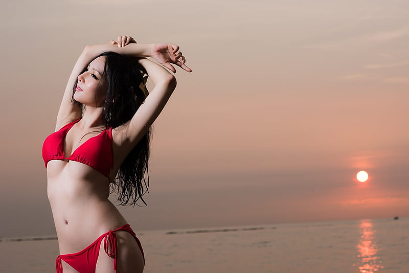Unknown Model, wet, babe, model, ocean, sunset, woman, beach, sand, water, lady, Asian, HD wallpaper