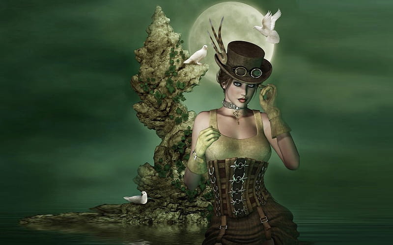 Steampunk Girl, Doves, Steampunk, fantasy, moon, green, lady, fantasy art, HD wallpaper