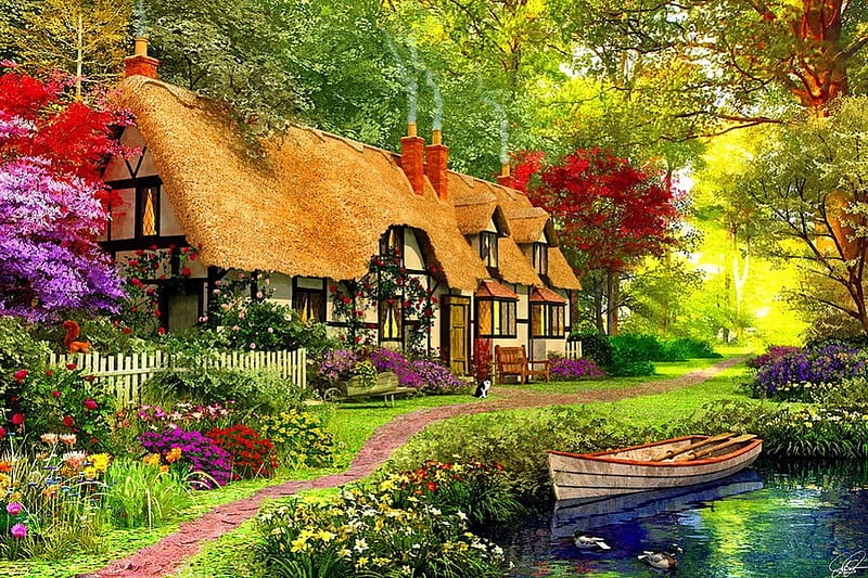 Woodland walk, pretty, shore, house, grass, countryside, nice, boat, calm, path, art, lovely, quiet, trees, serenity, blossoms, woodland, colorful, cottage, woods, home, bonito, painting, river, silenr, forest, fresh, spring, lake, waters, summer, nature, walk, blooming, HD wallpaper
