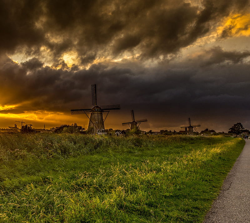 Holland, nature, netherlands, sunrise, sunset, windmills, HD wallpaper