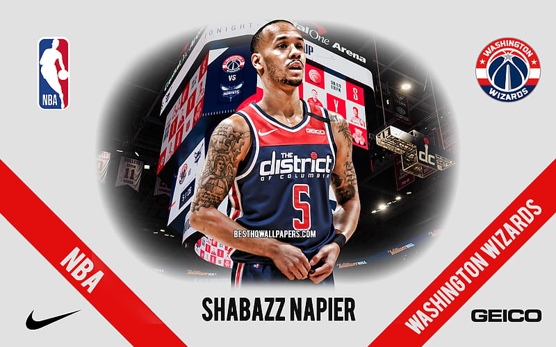 Shabazz Napier, Washington Wizards, American Basketball Player, NBA, portrait, USA, basketball, Capital One Arena, Washington Wizards logo, HD wallpaper