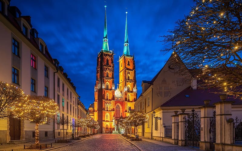 Cathedral in Wroclaw, Poland, Christmas, church, Poland, night, lights, street, HD wallpaper