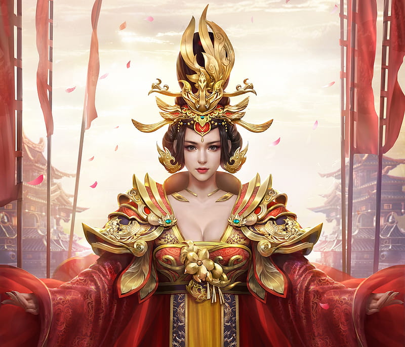Empress, red, frumusete, luminos, golden, queen, fantasy, song, asian, chinese, jewel, HD wallpaper