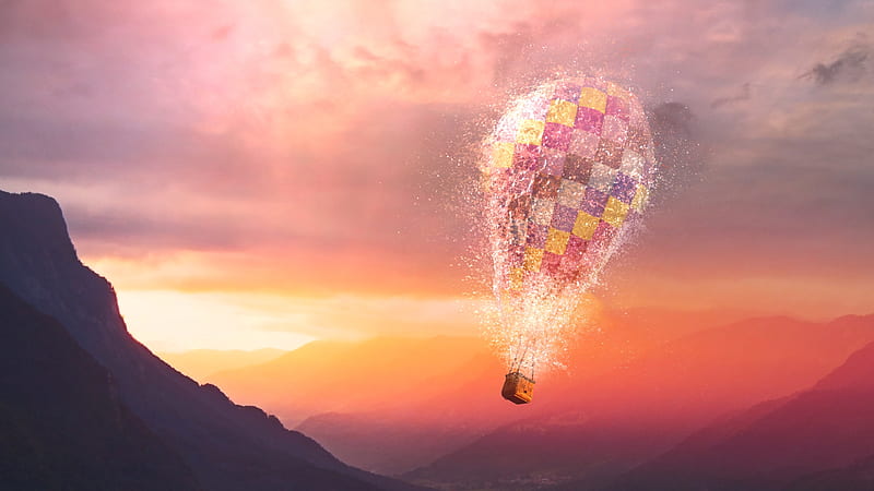 Comfreak Fantasy Orange Hot Air Balloon Luminos Sunset Pink Sky