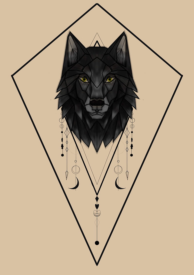 Geo Wolf, black, dark, geometric, lycan, moon, night, wicca, witch, wolves, HD phone wallpaper