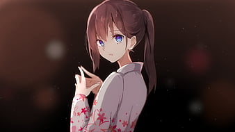 Anime girl with long brown hair, brown eyes, purple hoodie, and