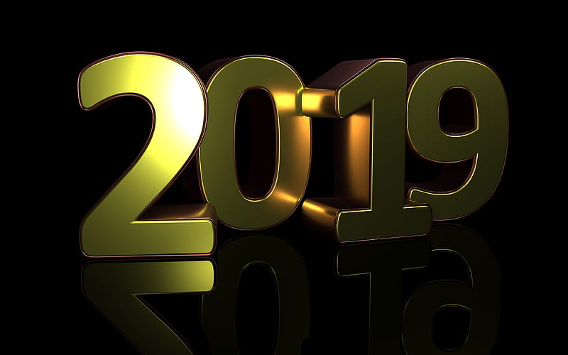 2019 3D golden digits black background, Happy New Year 2019, 3D digits, 2019 concepts, 2019 on black background, 2019 year digits, HD wallpaper