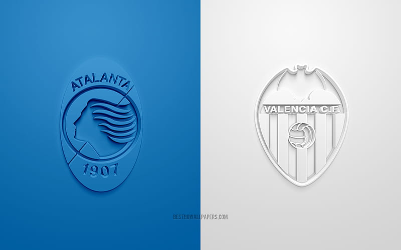 Atalanta vs Valencia, UEFA Champions League, 3D logos, promotional materials, blue white background, Champions League, football match, Atalanta, Valencia CF, HD wallpaper