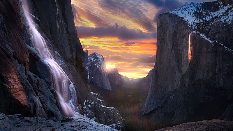 Horsetail falls, waterfall, nature, sunset, HD wallpaper