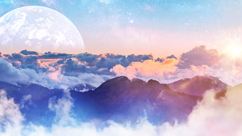 beyond the clouds, planet, mountain, peak, stars, Nature, HD wallpaper
