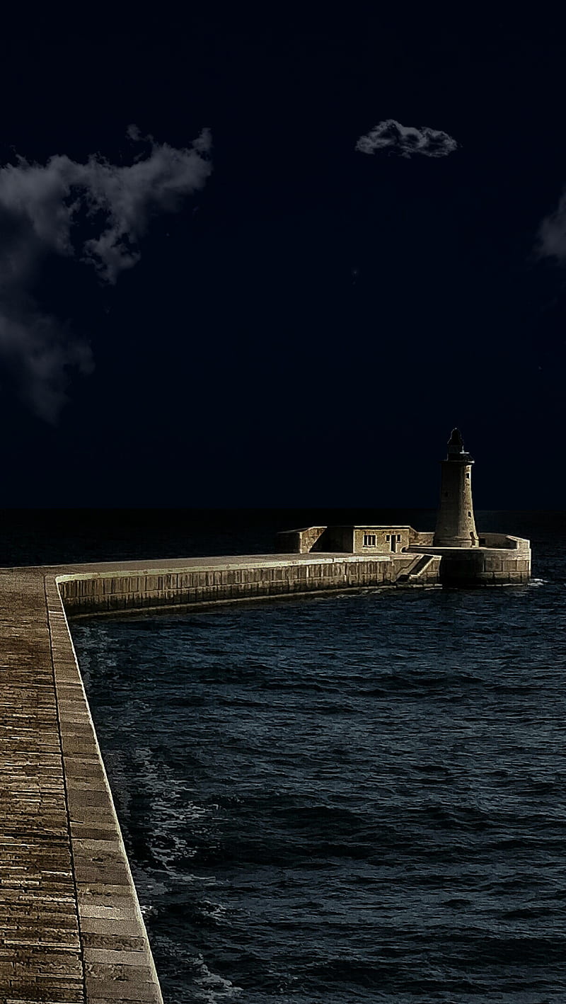 Lighthouse, blue, breakwater, clouds, dark, malta, night, sea, HD phone wallpaper