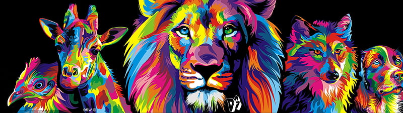 Multiple Display, Colorful, Lion, Wolf, Dog, Giraffes multiple display #colorful #lion #wolf #dog #giraffes. Animal , , Colorful lion, Dual Monitor Wolf, HD wallpaper