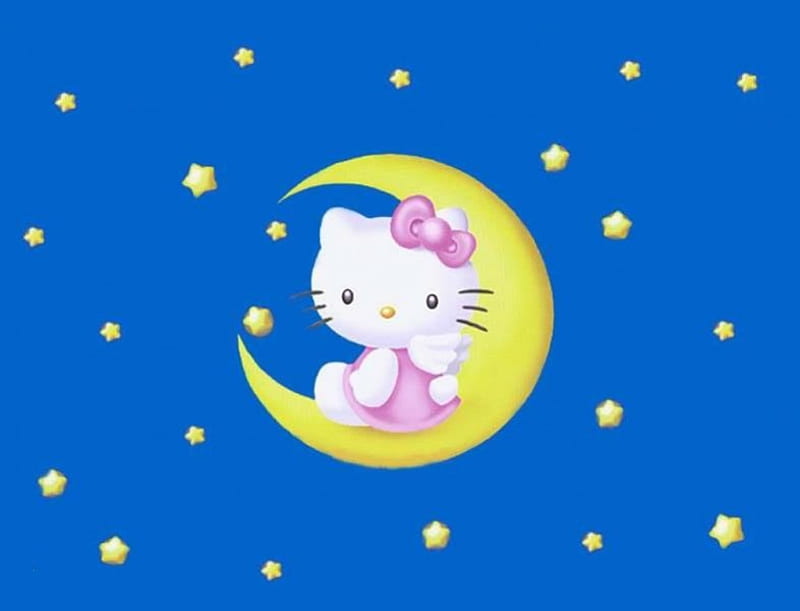 Hello Kitty, stars, wings, dress, bow, cute, moon, pink, night, HD wallpaper