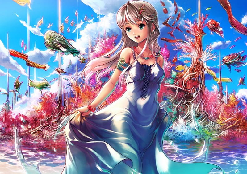 Sea of Mirai, pretty, dress, reef fish, cg, bonito, magic, sweet, nice, fantasy, anime, coral reef, beauty, anime girl, long hair, gorgeous, underwater, female, lovely, brown hair, gown, smile, coral, coralreef, smiling, happy, water, girl, lady, sundress, maiden, HD wallpaper