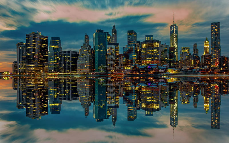 New York, evening, skyscrapers, city lights, metropolis, World Trade Center 1, USA, HD wallpaper
