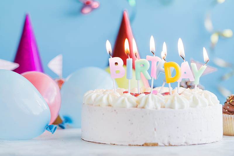 Happy birtay, candles, birtay cake, white cream, balloons, HD wallpaper