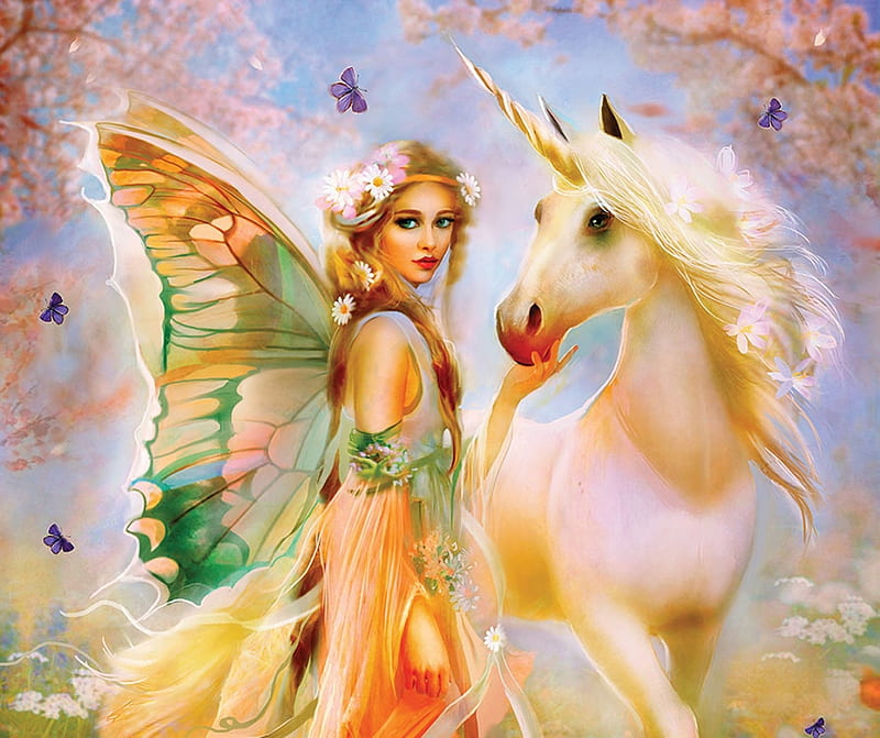 Fairy princess and unicorn, frumusete, fantasy, luminos, girl, unicorn, horse, princess, fairy, HD wallpaper