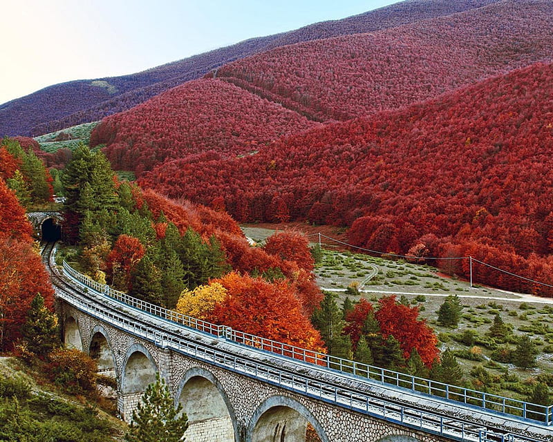 Autumn in Abruzzo., mountain, track, autumn, tree, railway, viaduct, abruzzo, colour, HD wallpaper