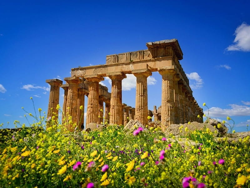 Ancient Hera Temple,Greece, greece, woldflowers, ancient, goddess, hera, temple, bonito, sky, HD wallpaper