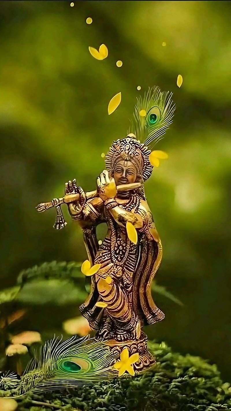 Bhagwan , Lord Krishna Bronze Statue, god, green background, HD phone wallpaper