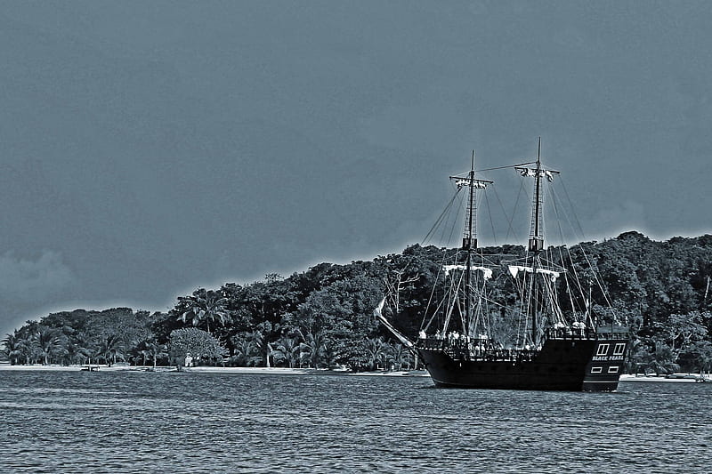 Land Ahoy, ship, ocean, island, pirate, sail, HD wallpaper