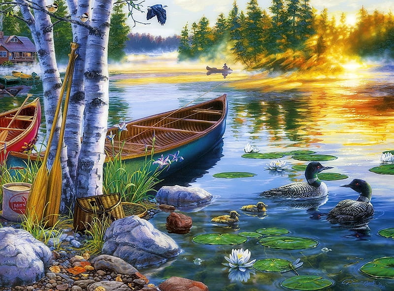 Lakeside Morning, lakes, loons, love four seasons, spring, attractions in dreams, lakeside, boats, paintings, summer, nature, HD wallpaper