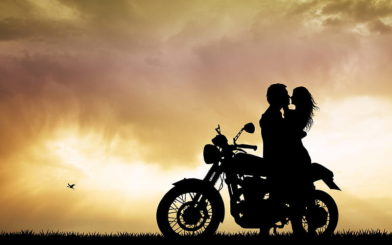 Love, black, yellow, man, valentine, silhouette, motorcycle, girl, summer, couple, HD wallpaper