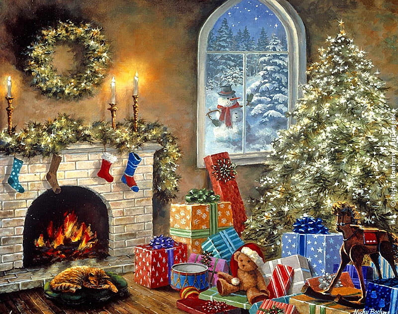 Not a Creature Was Stirring, fireplace, christmas tree, snowman, gift, HD wallpaper