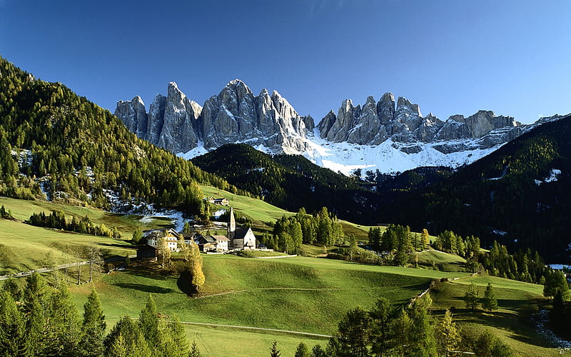 Italian mountain landscape, Dolomites, Forest, Mountains, Trees, Grassland, Fields, Snow, Hills, HD wallpaper