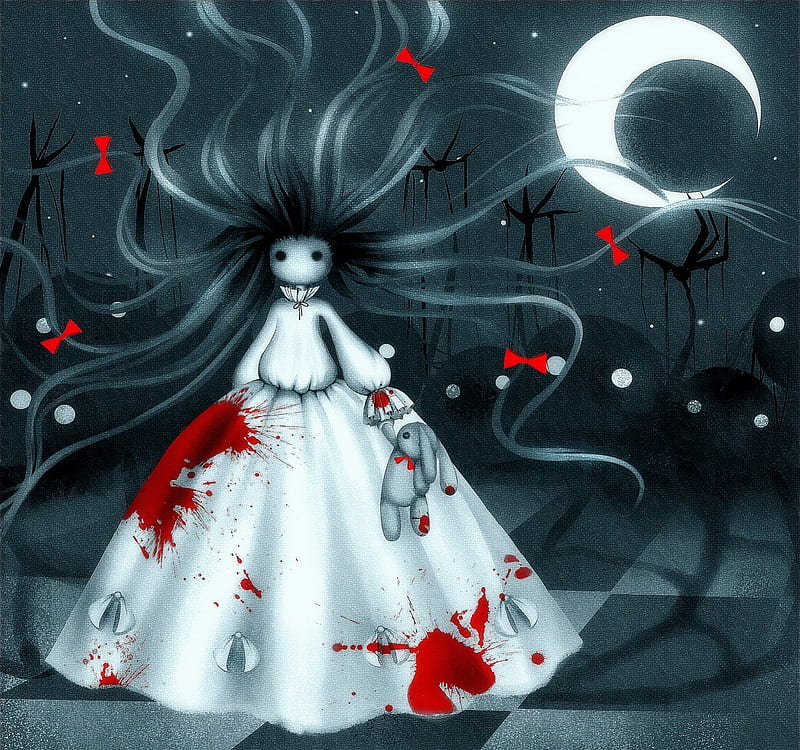 White Dress with Bloody, draw and paint, halloween, crescent moon, attractions in dreams, most ed, digital art, horror, bows, spirits, hair, paintings, spooky, drawings, macabre, holiday, stuffed animal, love four seasons, creative pre-made, October 31st, ghost, girl, weird things people wear, white dress, pumpkins, HD wallpaper