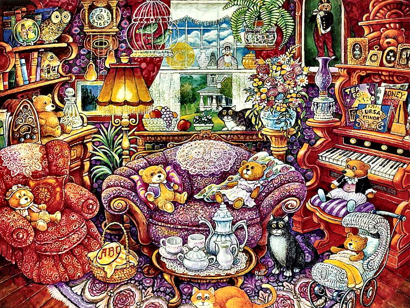 Tea Time for Teddy, art, bonito, illustration, artwork, teddy bears, stuffed animals, painting, wide screen, toys, HD wallpaper