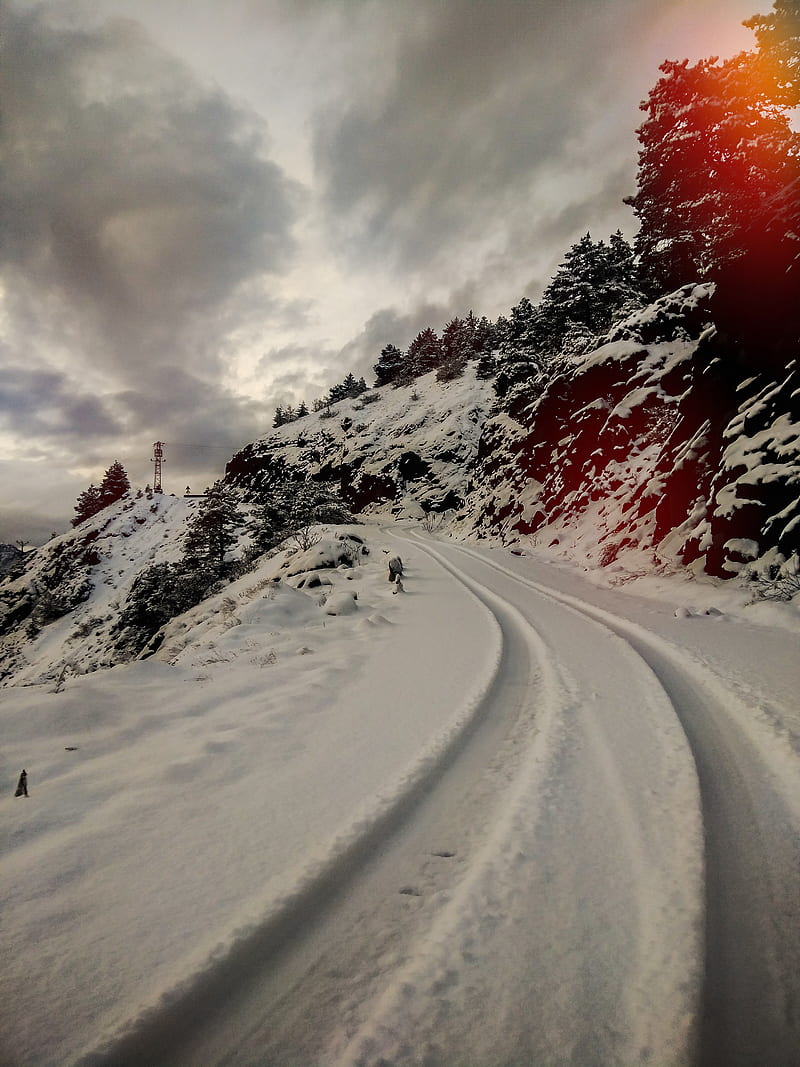 View, amoled, road, rock, snow, winter, yol, HD phone wallpaper