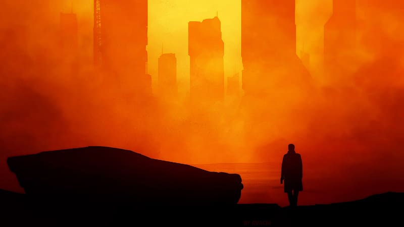 City, Building, Silhouette, Futuristic, Movie, Orange (Color), Blade Runner 2049, HD wallpaper