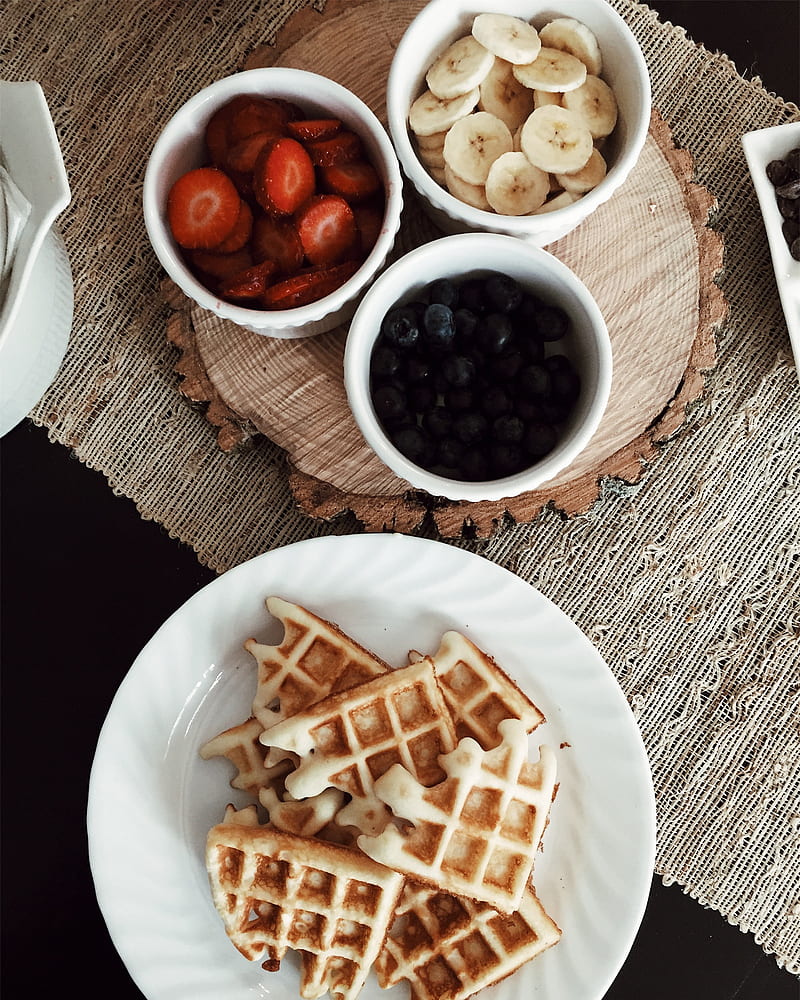 waffles beside bowls of strawberries, banana, and black berries, HD phone wallpaper
