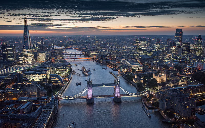 The Shard, 30 St Mary Axe, Tower Bridge, London, evening, sunset, Thames river, metropolis, cityscape, London skyline, England, UK, HD wallpaper