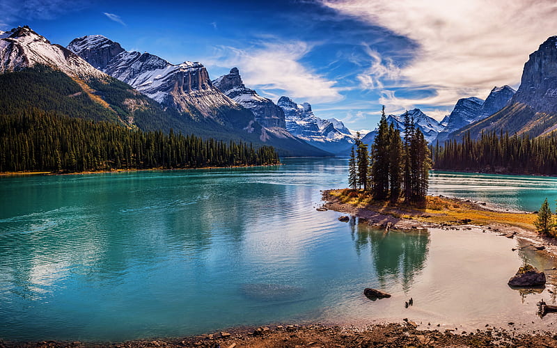 Maligne Lake azure water lake, R, Jasper National Park, mountains, Alberta, Canada, beautiful nature, HD wallpaper