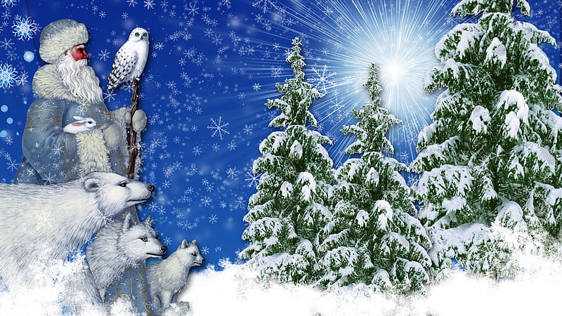 Father Christmas, saint nicholas, saint nick, bright, falcon, star, blue, rabbit, feliz navidad, christmas, eagle, trees, winter, santa, fox, snowing, snow, wolf, bears, HD wallpaper