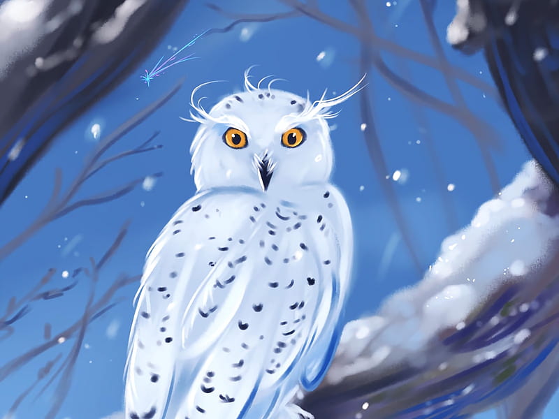 Snowy owl, luminos, bird, mellodee, white, blue, owl, fantasy, bufnita, snow owl, pasari, HD wallpaper