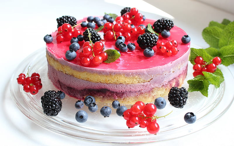 cake, sweets, pastries, cheesecake, blackberries, blueberries, red currants, berries, HD wallpaper