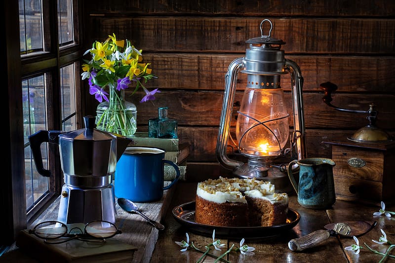 Coffee, Still Life, Flower, Cake, Lantern, Book, Glasses, Spoon, , Grinder, HD wallpaper