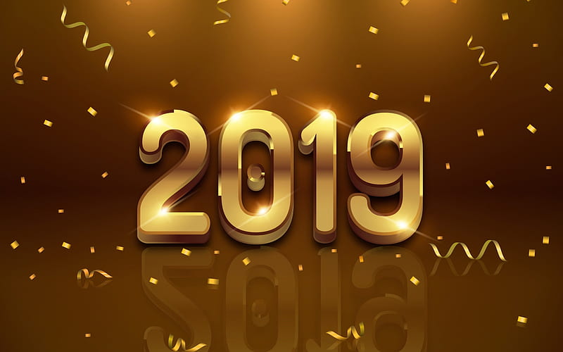 Happy New Year 2019, brown background, glare, abstract art, 2019 concepts, 3D digits, 2019 year, artwork, HD wallpaper