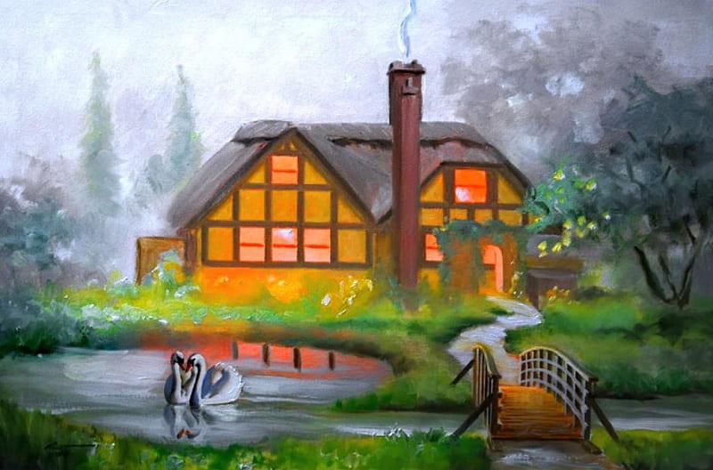 English cottage, pretty, art, house, lovely, cottage, bonito, lake, swans, pond, bridge, english, painting, peaceful, HD wallpaper