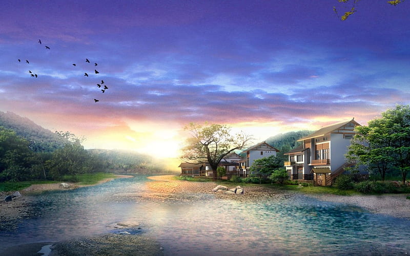 AT RIVER'S EDGE, houses, birds, homes, sunset, wetlands, peaceful, waterscape, sunrise, tranquility, rivers, HD wallpaper