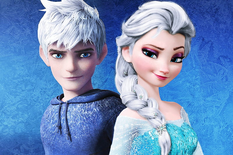 Jack Frost and Elsa, fanart, guy, elsa, jack frost, boy, fantasy, girl, snow queen, white, princess, couple, disney, blue, HD wallpaper