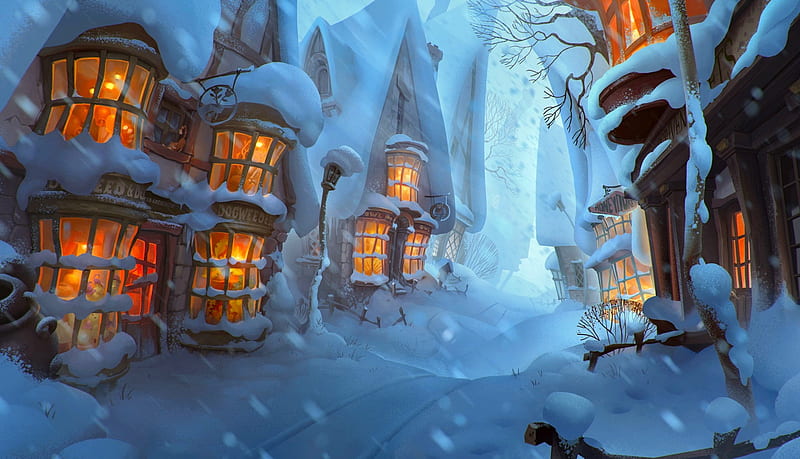 Winter is coming to Hogsmeade, snow, winter, art, fantasy, snowfall, village, bonito, HD wallpaper