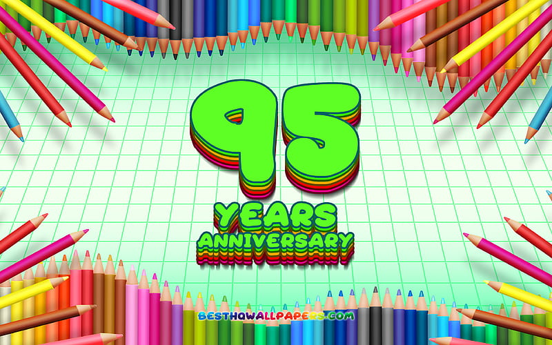 95th anniversary sign, colorful pencils frame, Anniversary concept, green checkered background, 95th anniversary, creative, 95 Years Anniversary, HD wallpaper